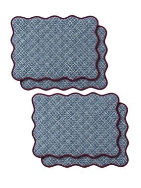 Blue Patterned Reversible Scalloped Placemat with Red Trim Set of 4